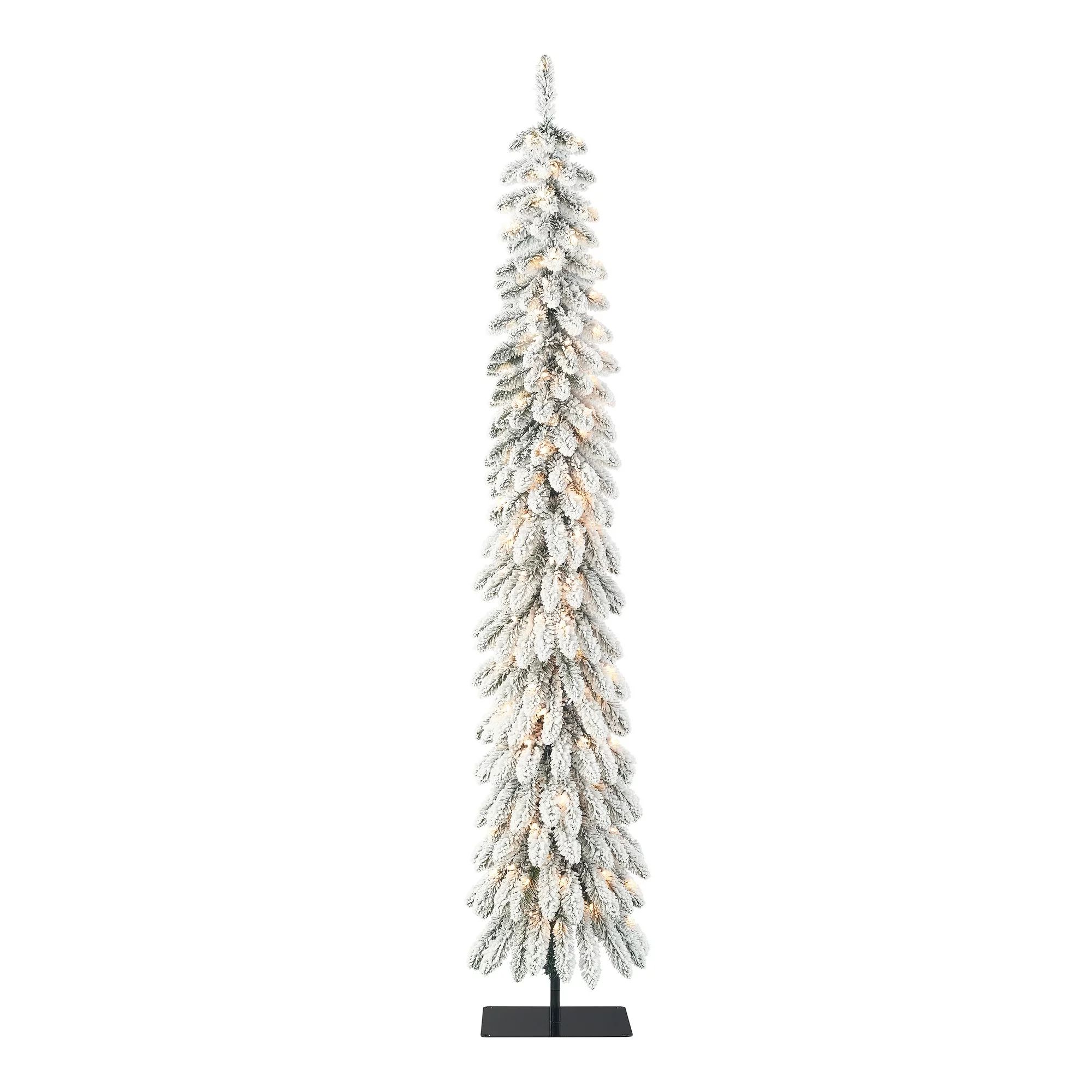 Holiday Time Pre-Lit Flocked Pencil Alpine Artificial Christmas Tree, Clear Lights, Green, 7' | Walmart (US)