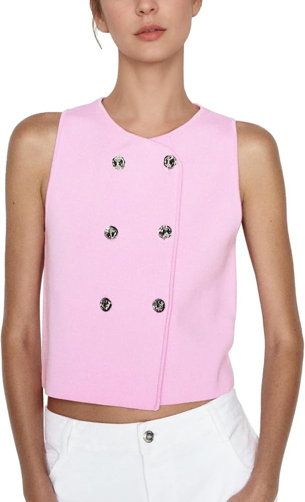 Womens Cropped Sweater Vest Open Front Crewneck Sleeveless Button Down Vest Trendy Winter Outfits | Amazon (US)