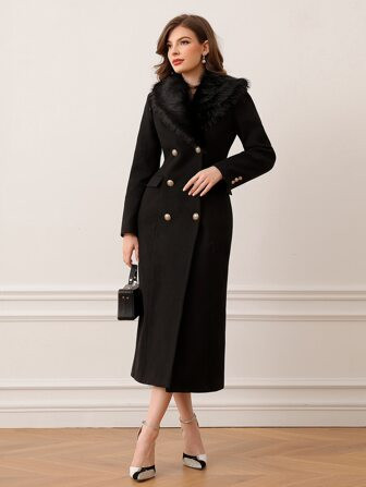 Modelyn Borg Collar Double Breasted Black Overcoat In Fall/Winter | SHEIN