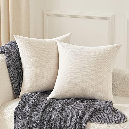 Anickal Beige Pillow Covers 18x18 Inch Set of 2 Rustic Farmhouse Chenille Decorative Throw Pillow Co | Amazon (US)