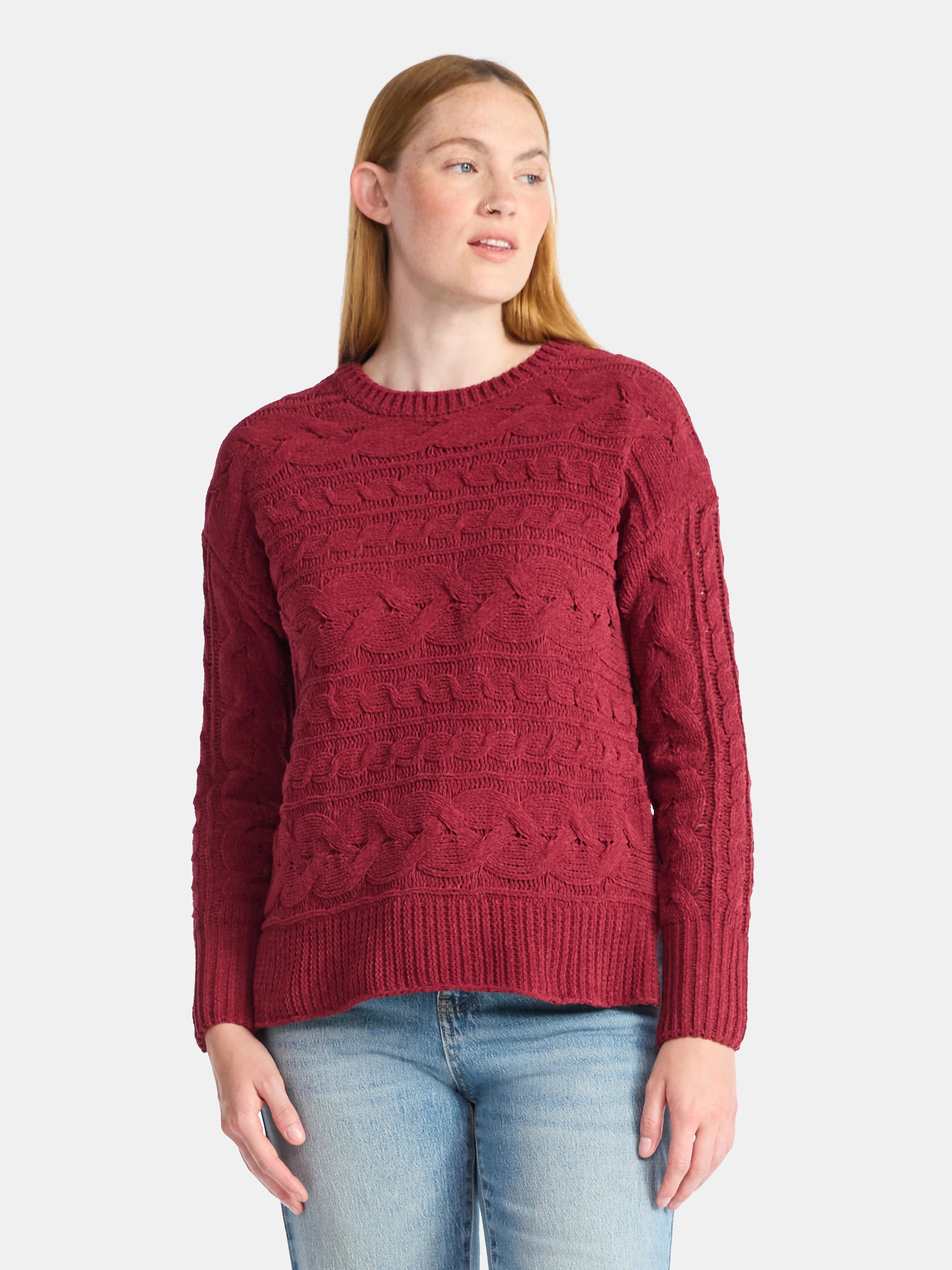 Time and Tru Women's Chenille Cable Knit Crewneck Sweater, Midweight, Sizes XS-XXXL - Walmart.com | Walmart (US)