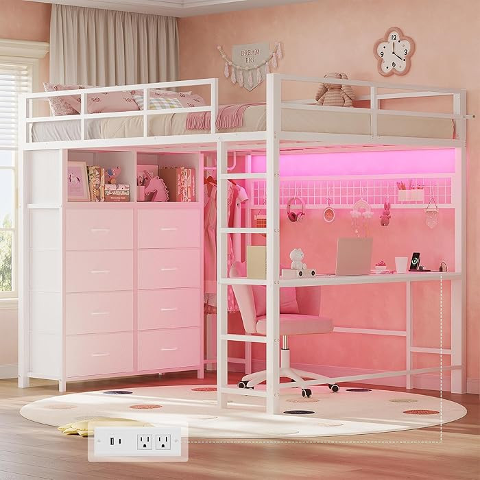 ADORNEVE Loft Bed Full Size with Desk and 8 Storage Drawers, LED Metal Loft Bed with Power Outlet... | Amazon (US)
