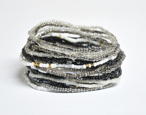 Black White Metallic Gray seed bead bracelet Set of 20 stretch bracelets 2mm seed bead Multistran... | Etsy (US)