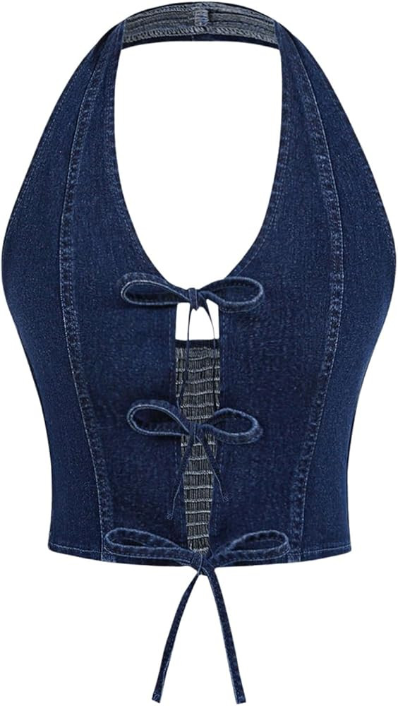 SHENHE Women's Tie Front Denim Halter Top Bow Backless Smocked Y2k Jean Crop Top | Amazon (US)