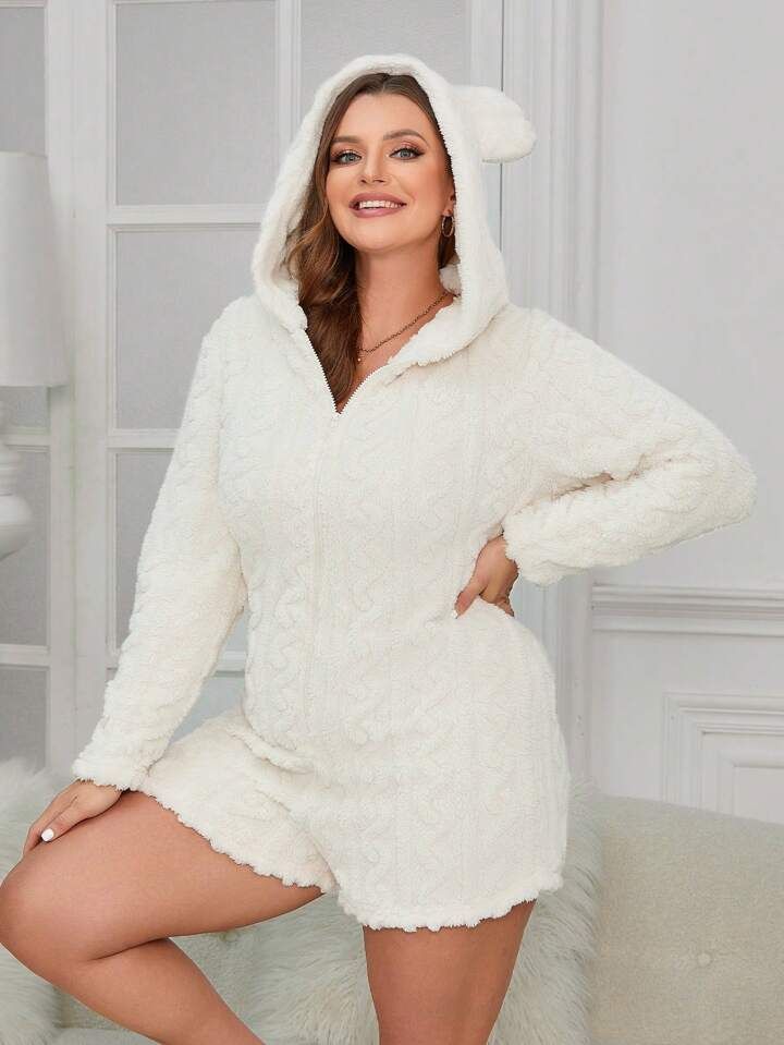 Plus Size 3d Ear Design Hooded Pajamas | SHEIN