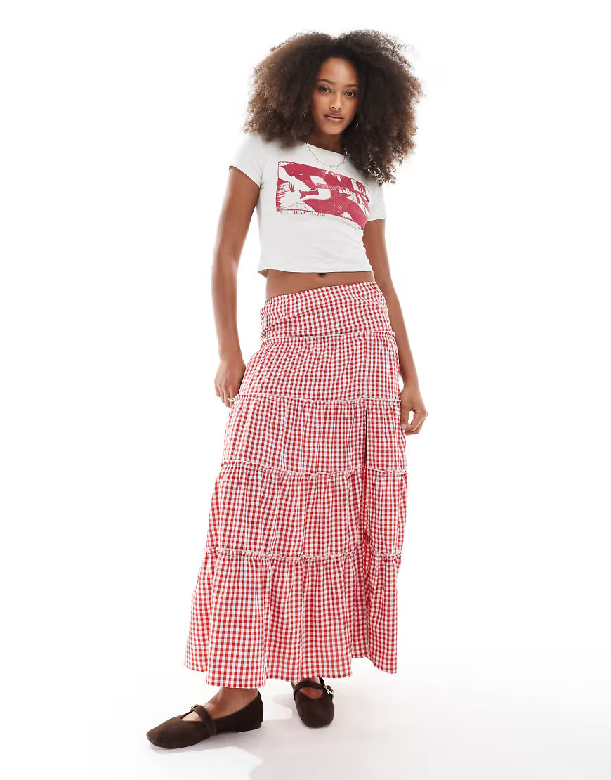 Daisy Street frill seam maxi skirt in red gingham | ASOS (Global)