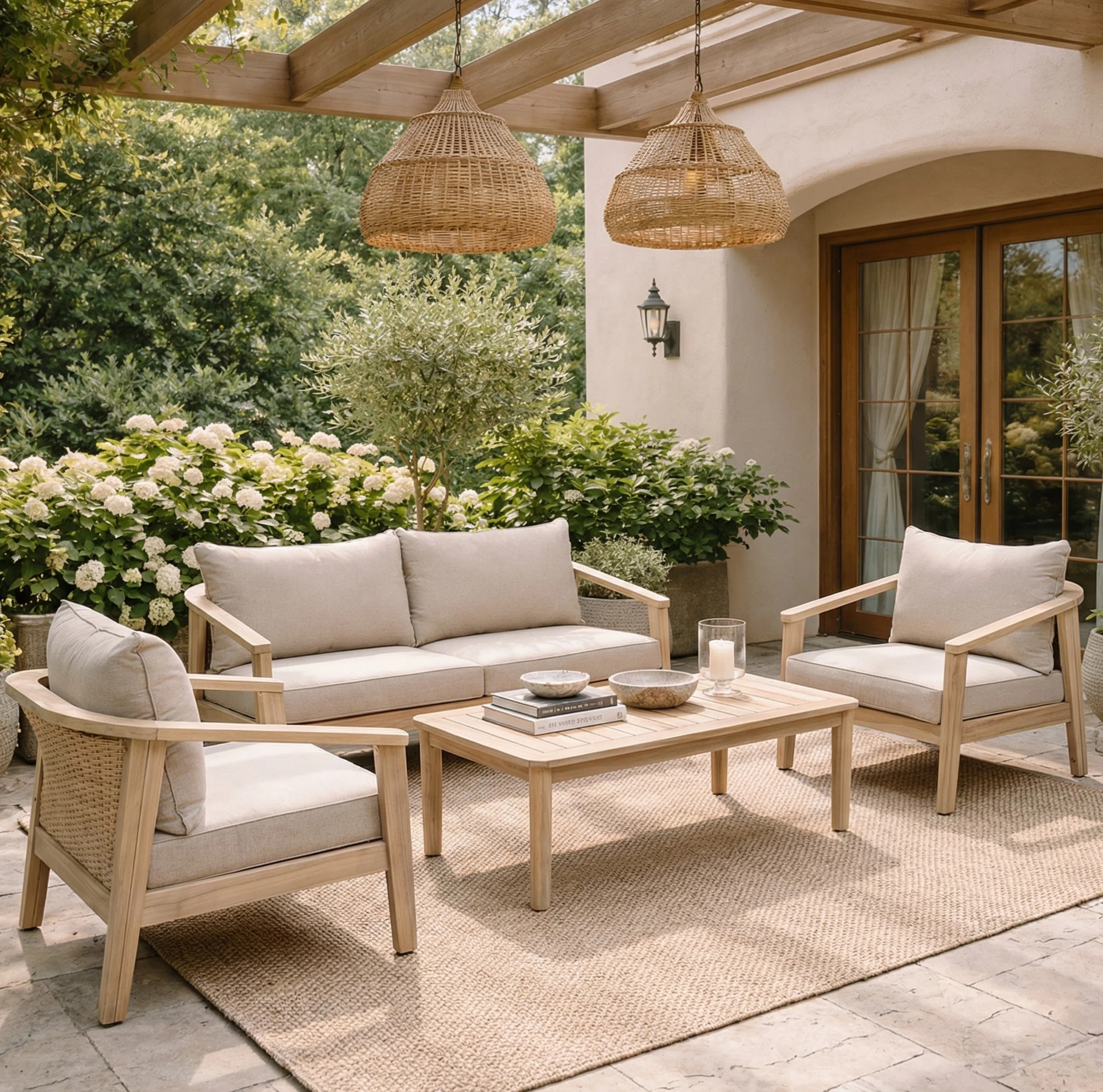 Avalon 4-Person Modern Outdoor Acacia Wood And Wicker  Conversation Set With Cushions | Wayfair North America
