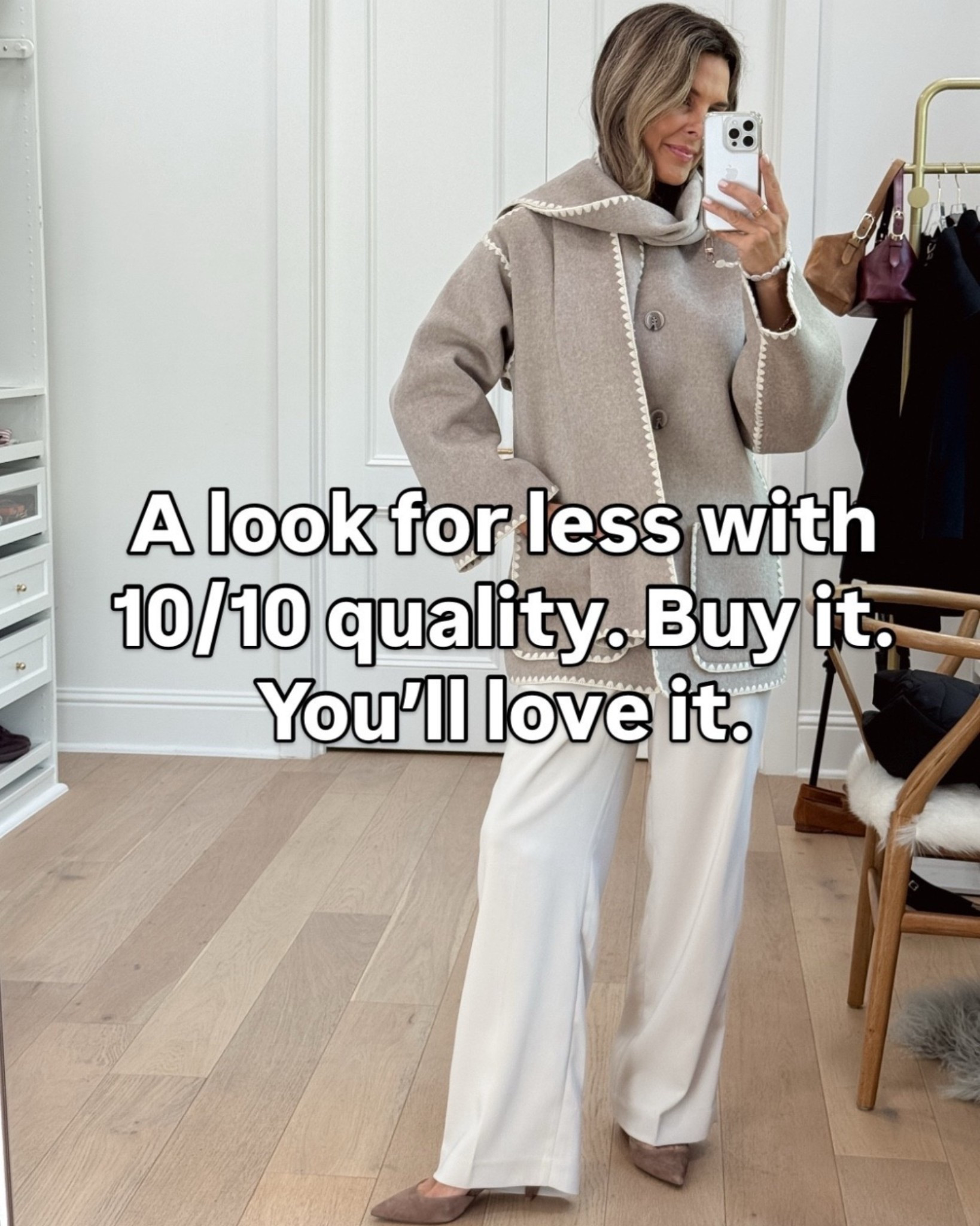 -Quince scarf coat sz XS is perfectly oversized. 
-Pants I’m 5’6”
-suede heels are all day comfortable and neutral color goes with everything! 

#LTKWorkwear #LTKOver40