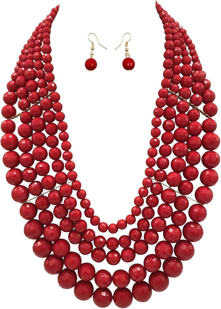 5 Layered Beaded Statement Chunky Necklaces For Women - Multi Strand Colorful Bead Layered Bib Ne... | Amazon (US)