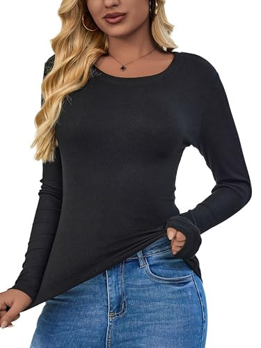 ASAIR Black Long Sleeve T Shirt Women for Women Ribbed Fall Basic Trendy Stretchy Lightweight(Black Large) | Amazon (US)