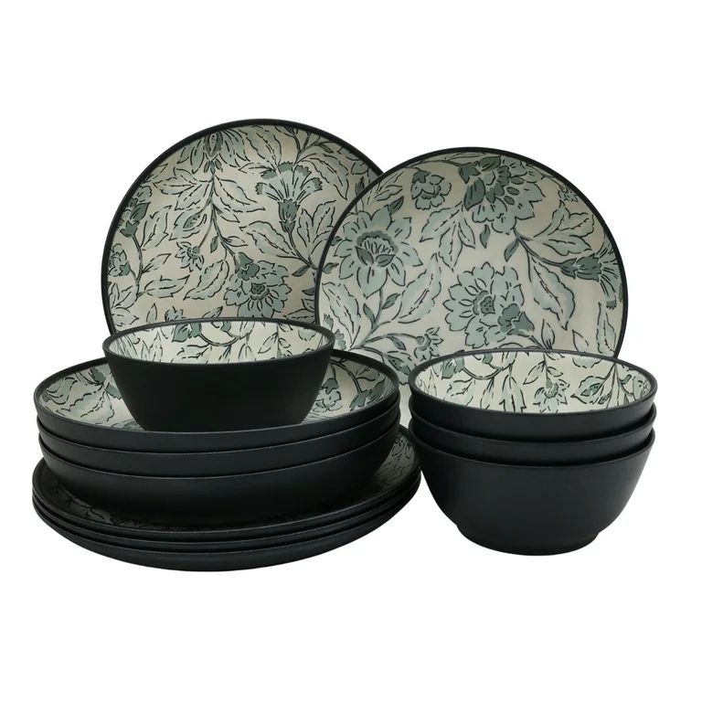 Better Homes & Garden 12-Pack Bamboo Melamine Dinnerware Set, Botanical Print | Walmart (US)