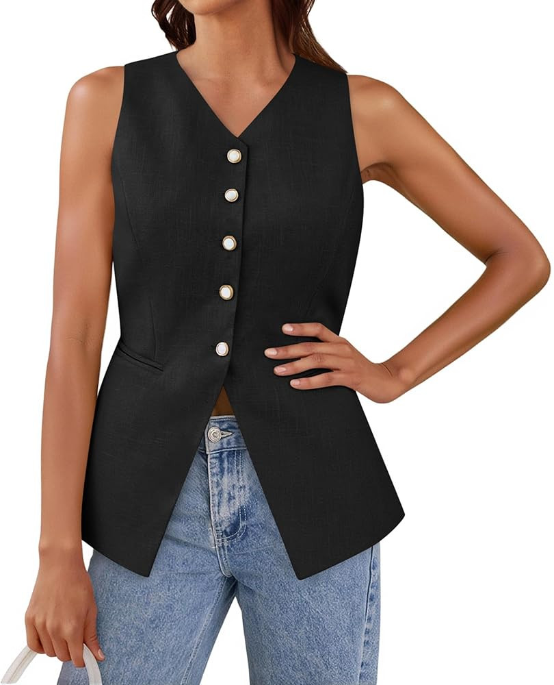 Tankaneo Womens Summer Suit Vest Tops Fashion Casual Sleeveless Blazers Split Hem Button Down Lin... | Amazon (US)