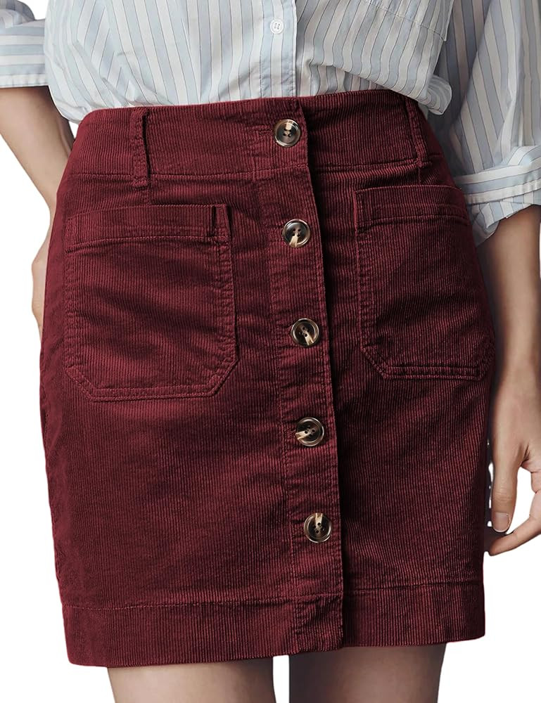 Dqbeng Women's Corduroy Mini Skirt High Waist Button Front A-Line Short Skirt with Pockets | Amazon (US)