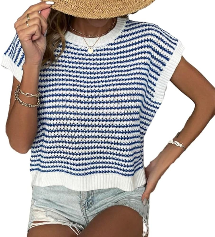Women's Summer Knit Sweater Striped Vest Cap Sleeve Casual Fashion Round Neck Ribbed Pullover Top | Amazon (US)