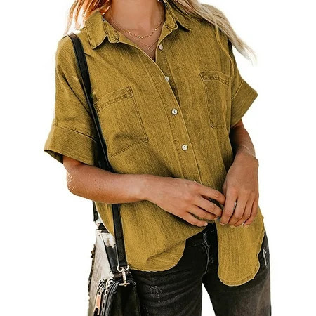 Women s Denim Shirt Spring and Autumn Loose Double Pocket Short Sleeve Jacket Shirt | Walmart (US)