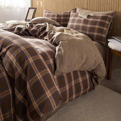 BALHAM TRADE-Vintage Brown&blue Plaid Queen Duvet Cover 100% Muslin Cotton Soft Bedding Set 03-a# Brown&blue Grid Plaid Twin (68"x 86") | Target