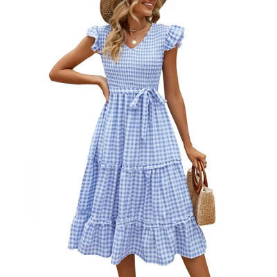 Women's Summer V Neck Smocked Maxi Dress Puff Sleeve Pregnancy Baby Shower Photoshoot Dress Blue Plaid S | Target