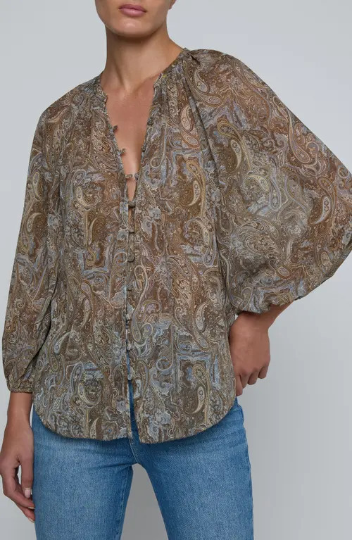 L'AGENCE Teagan Paisley Puff Sleeve Top in Neutral/Blue Ditsy Paisley at Nordstrom, Size Medium | Nordstrom