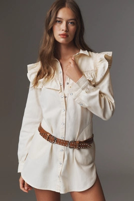 Pilcro Long-Sleeve Ruffled Denim Mini Shirt Dress | Anthropologie (US)