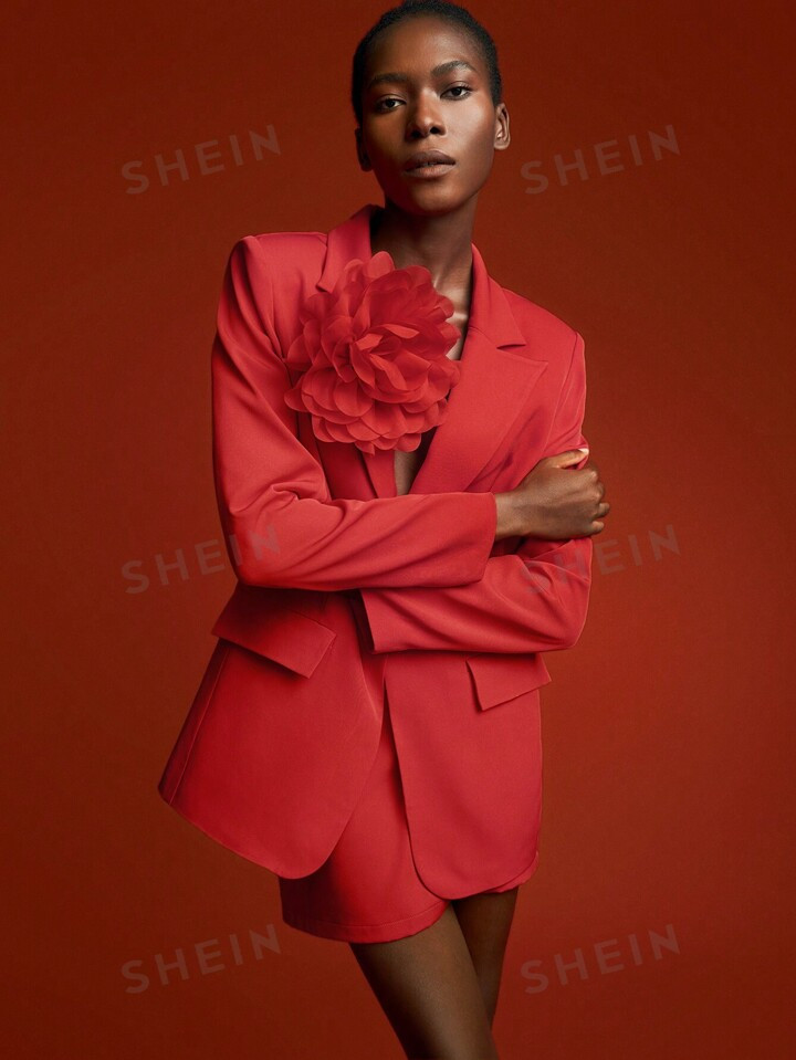 SHEIN Maija Ladies' Solid Color Single-Breasted Embroidered Long Sleeve Blazer And Pocketed A-Lin... | SHEIN