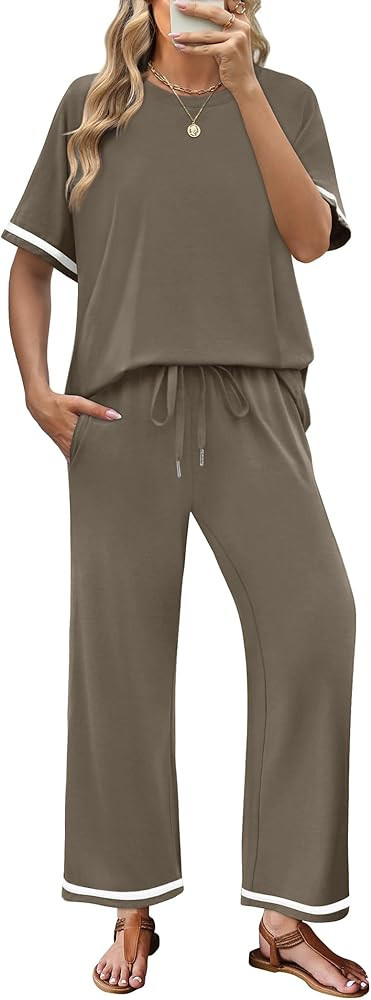 SAMPEEL 2 Piece Sets for Women Casual Summer Travel Vacation Outfits Short Sleeve Lounge Set | Amazon (US)