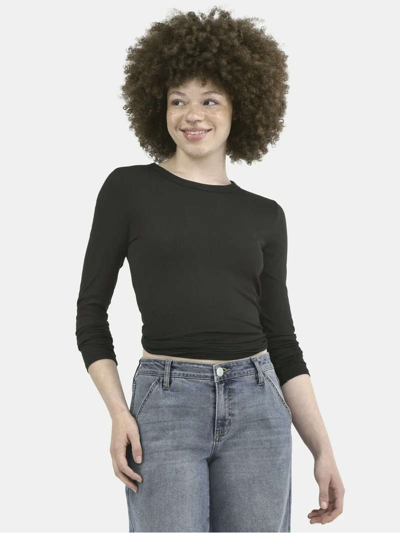 No Boundaries Ribbed Crewneck Tee with Long Sleeves, 1 or 2-Pack, Women's | Walmart (US)