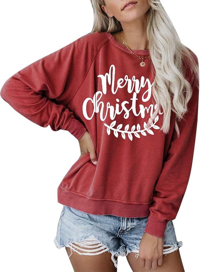 Blooming Jelly Womens Crewneck Sweatshirt Christmas Santa Casual Cute Pullover Top(Small, Red) at... | Amazon (US)