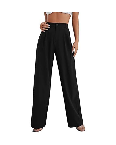 JEAAMKSSER Women’s Wide Leg Trousers Pants High Waisted Black Business Work Straight Leg Long Pants  | Amazon (US)