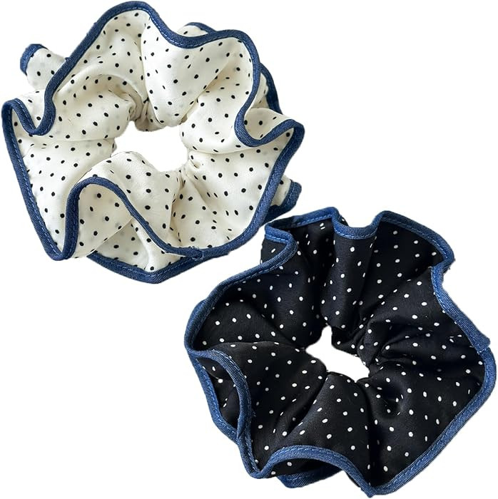2 Pack Polka Dot Oversized Scrunchies with Navy Trim, Double Layered Ruffle Design, French Elegan... | Amazon (US)