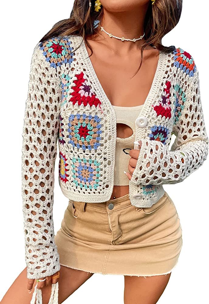 SHENHE Women's Floral Crochet V Neck Button Down Long Sleeve Cropped Cardigans | Amazon (CA)