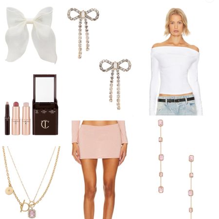 White bows, blush, highlighter, gold necklace, pink skirt, pink earrings, white tops, free people, girly outfit, spring outfit, date night outfit, revolve  

#LTKfindsunder100 #LTKfindsunder50 #LTKstyletip