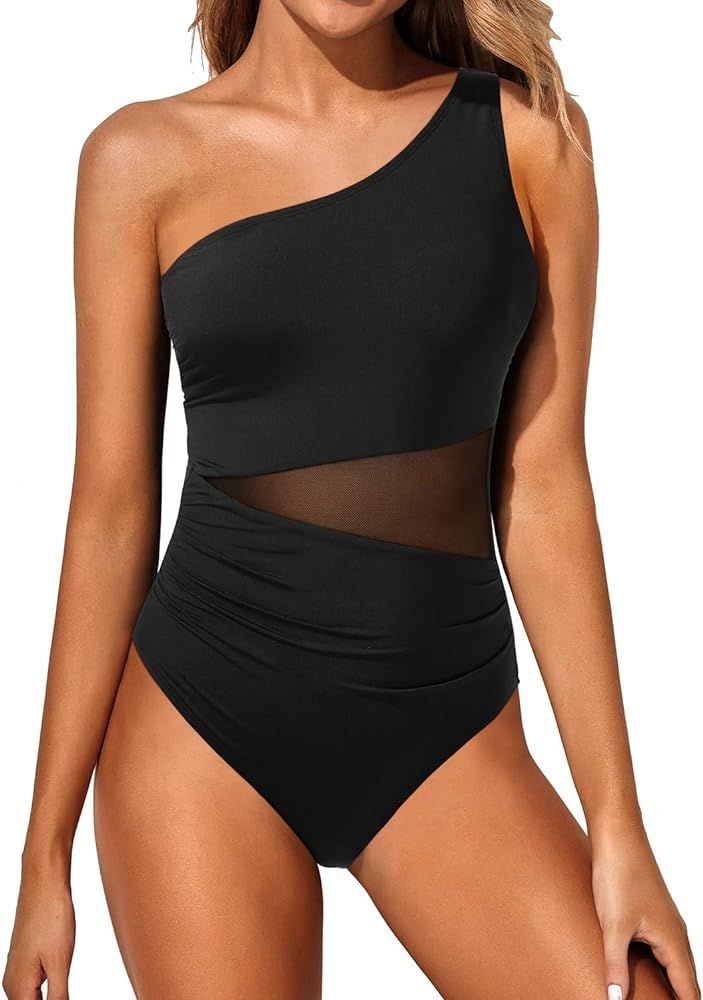 Yonique Women One Piece One Shoulder Swimsuit Tummy Control Bathing Suit Mesh Swimwear | Amazon (US)