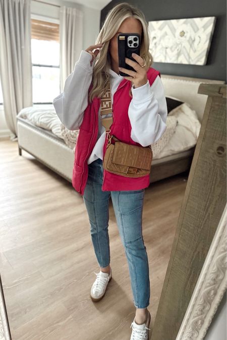 Casual winter outfit! Great basics for layering! 
White hoodie is Amazon: large 
Pink Amazon vest: small (lots of colors)
Utility Jeans: 4 -fit like a legging

Winter outfits. Valentine’s Day. Pink. Vest. Amazon fashion. Amazon finds. Jeans.

#LTKshoecrush #LTKfindsunder50 #LTKstyletip