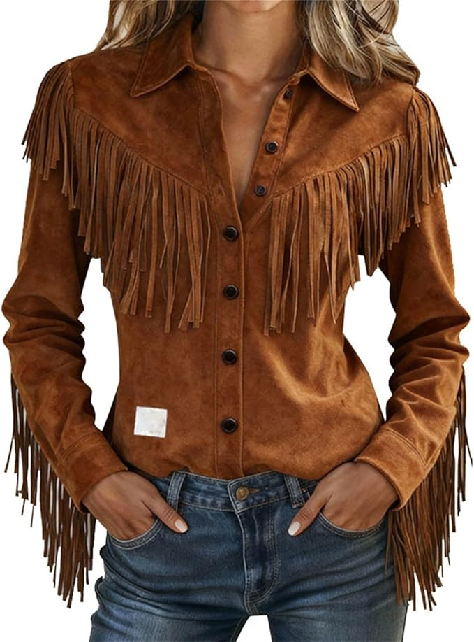 Women's Fringe Suede Western Cowgirl Shirt, Vintage Long Sleeve Button Down Rodeo Top, Slim Fit C... | Amazon (US)