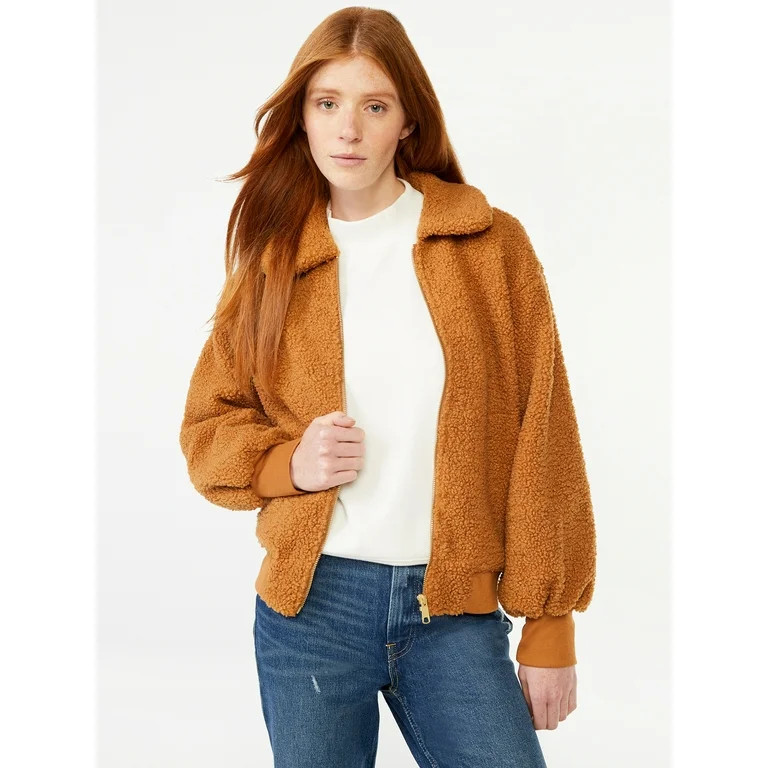 Free Assembly Women's Zip Front Teddy Bomber Jacket | Walmart (US)