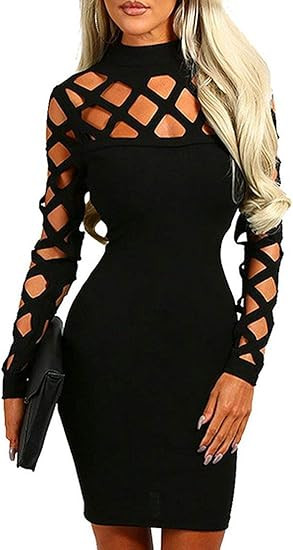 AMiERY Women's Hollow Out Dress Bandage Clubwear Long Sleeve Bodycon Dresses | Amazon (US)