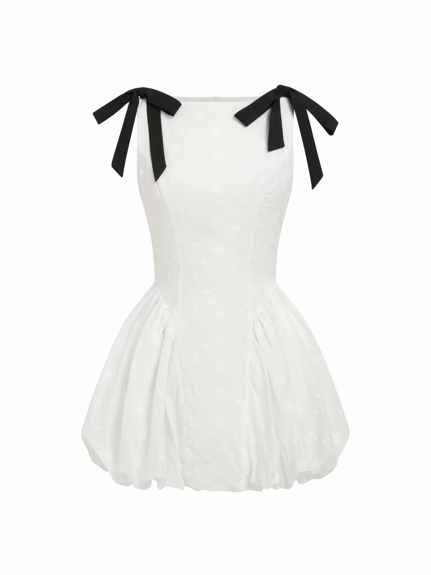 Cotton Cotton Boat Neck Embroidery Bowknot Ruched Bubble Mini Dress For Date | Cider