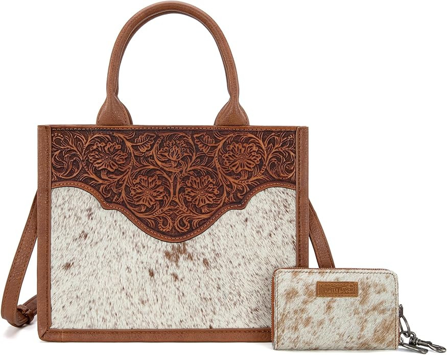 Western Tote Bag Hair On Cowhide Floral Tooled With Wallet Set | Amazon (US)