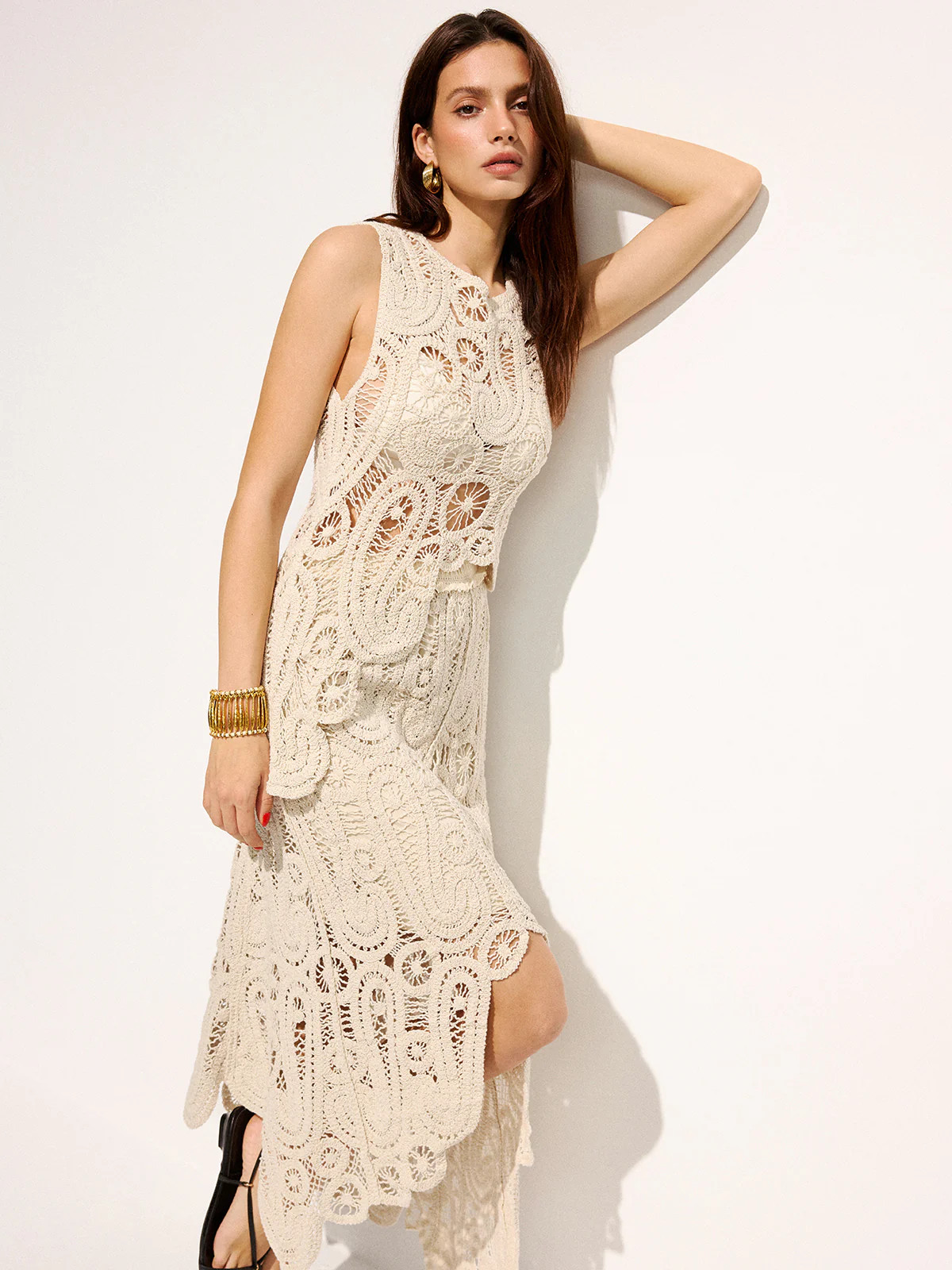 Crochet Lace Sleeveless Top & Midi Skirt Set | Commense