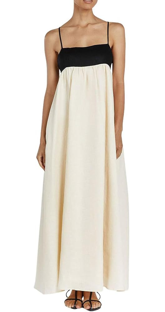 chouyatou Women's Summer Color Block Spaghetti Strap Maxi Linen Dress Long Casual Flowy Beach Sun... | Amazon (US)