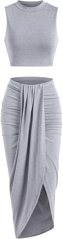 ZAFUL Women's Casual Sleeveless Summer Two Piece Outfits Crop Top and Side Split Draped Ruched Ma... | Amazon (US)