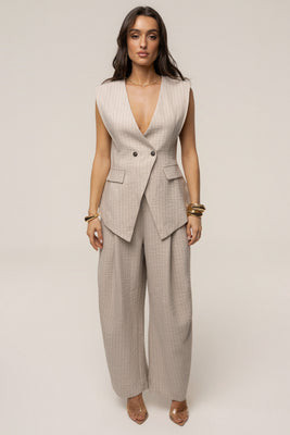 Beige Power Pinstripe Pant Set | JLUXLABEL US