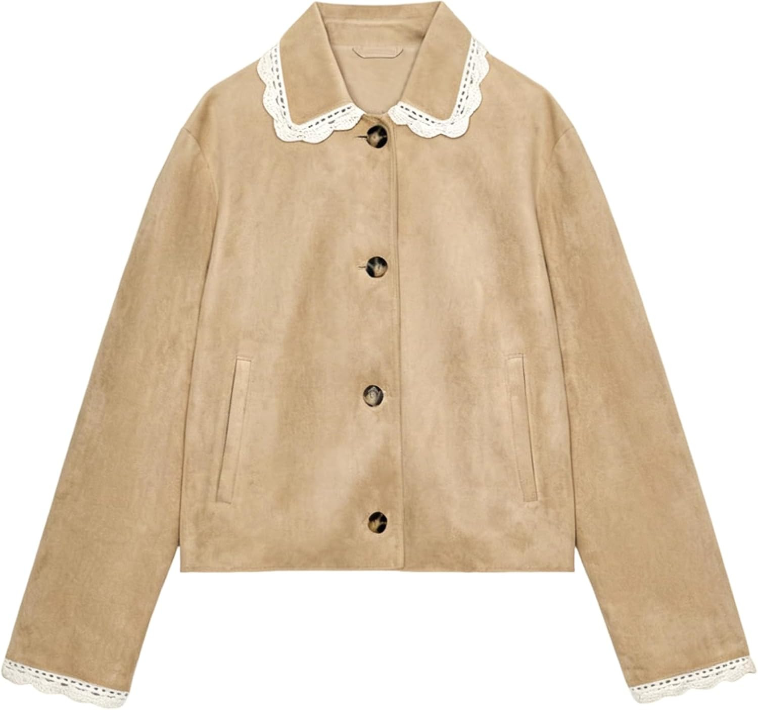 Qiaomai Womens Faux Suede Cropped Jacket Lace Trim Button Down Casual Coat | Amazon (US)