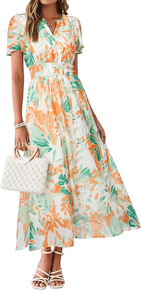 Simplee Women Floral Summer Maxi Dress Boho Flowy Casual Chiffon Short Sleeves V Neck Long Weddin... | Amazon (US)