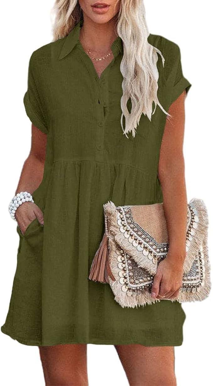 Jeemery Women's Button Down V Neck Shirt Dress Casual Work Rolled Short Sleeve Babydoll Mini Dres... | Amazon (US)