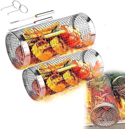 Grill Basket 2 PCS, BBQ Grill Basket, Rolling Grilling Basket, Stainless Steel Grill Mesh Barbequ... | Amazon (US)