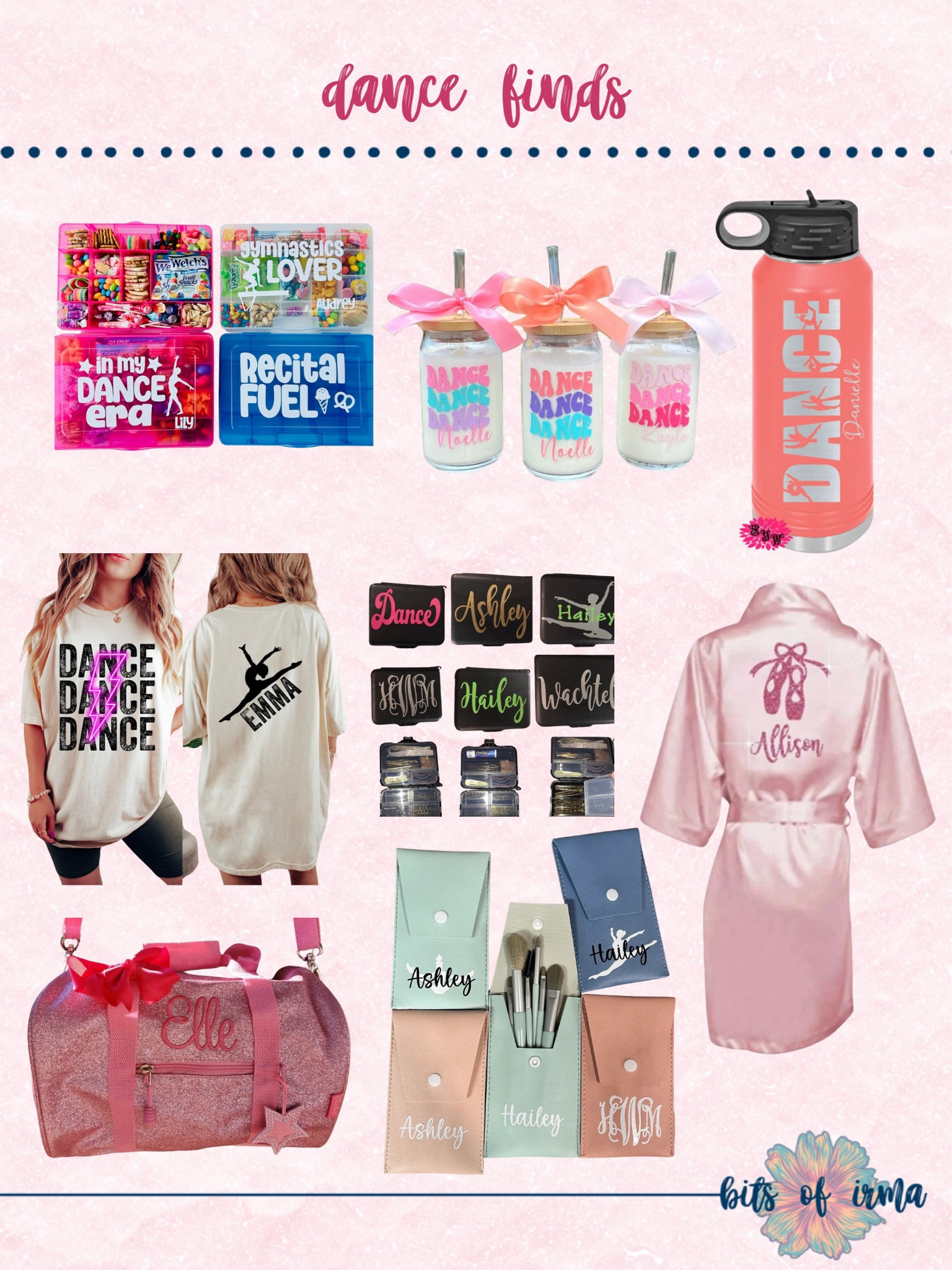dance finds | snack boxes for dancers | personalized water bottles | dance-themed hydration flask | customizable dance t-shirts | monogrammed makeup bags | personalized dance bags | satin dance robes | brush holders | hair accessories for dancers | recital essentials | gifts for dancers | dance competition gear | personalized dance items | custom dance apparel