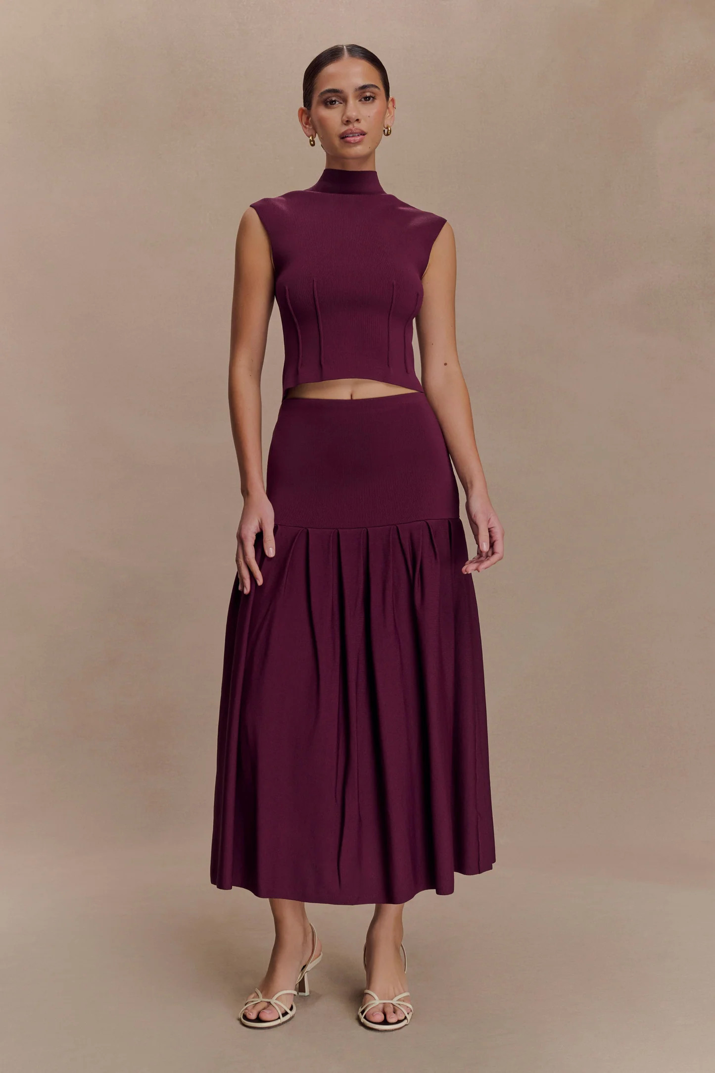 Romaine Bandage Knit Midi Skirt - Wine | MESHKI US