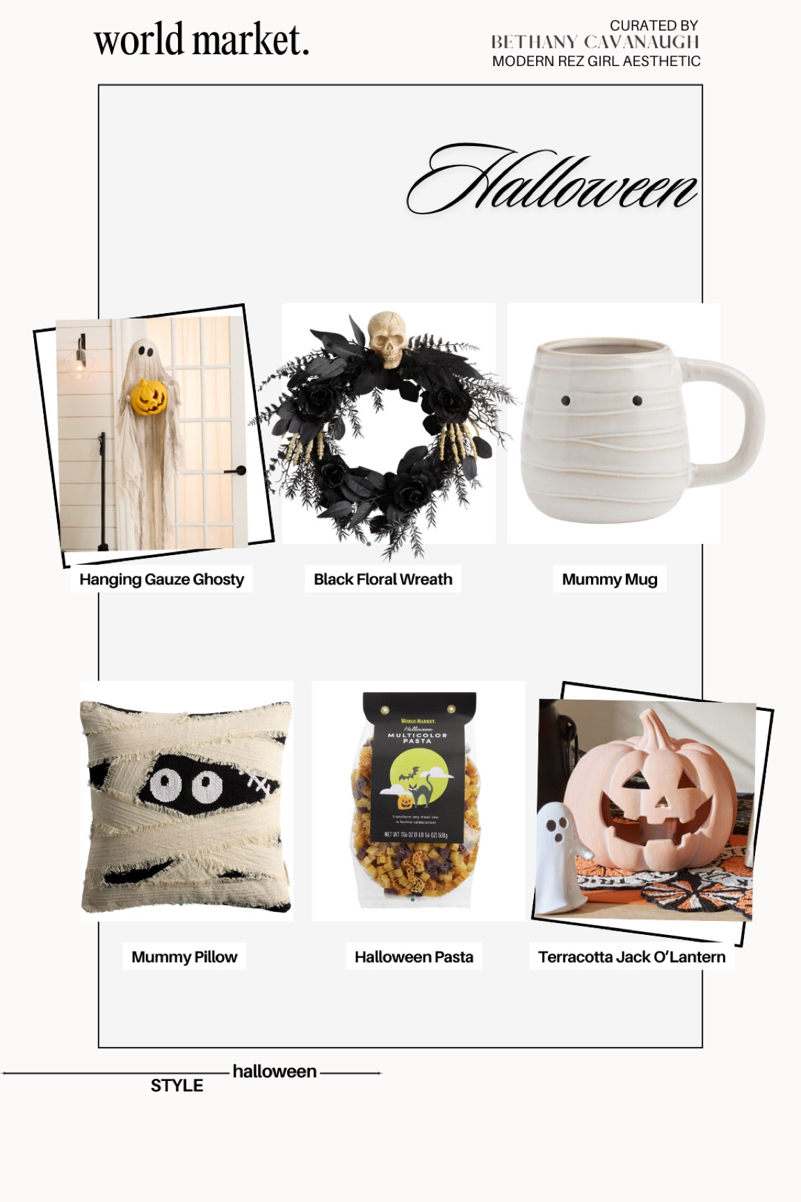 { world market halloween ❥

• Hanging Gauze Ghost 
• Black Faux Floral Skeleton Wreath 
• Halloween Figural Ceramic Mug in Mummy Cream 
• Black and White Halloween Mummy Throw Pillow 
• Halloween Icon Pasta 
• Terracotta Jack O’Lantern LED Candle Holder 

Halloween Decor . Spooky Cute Halloween . Modern Rez Girl Aesthetic . Native American Content Creator } 

#LTKSeasonal #LTKHome #LTKFindsUnder50