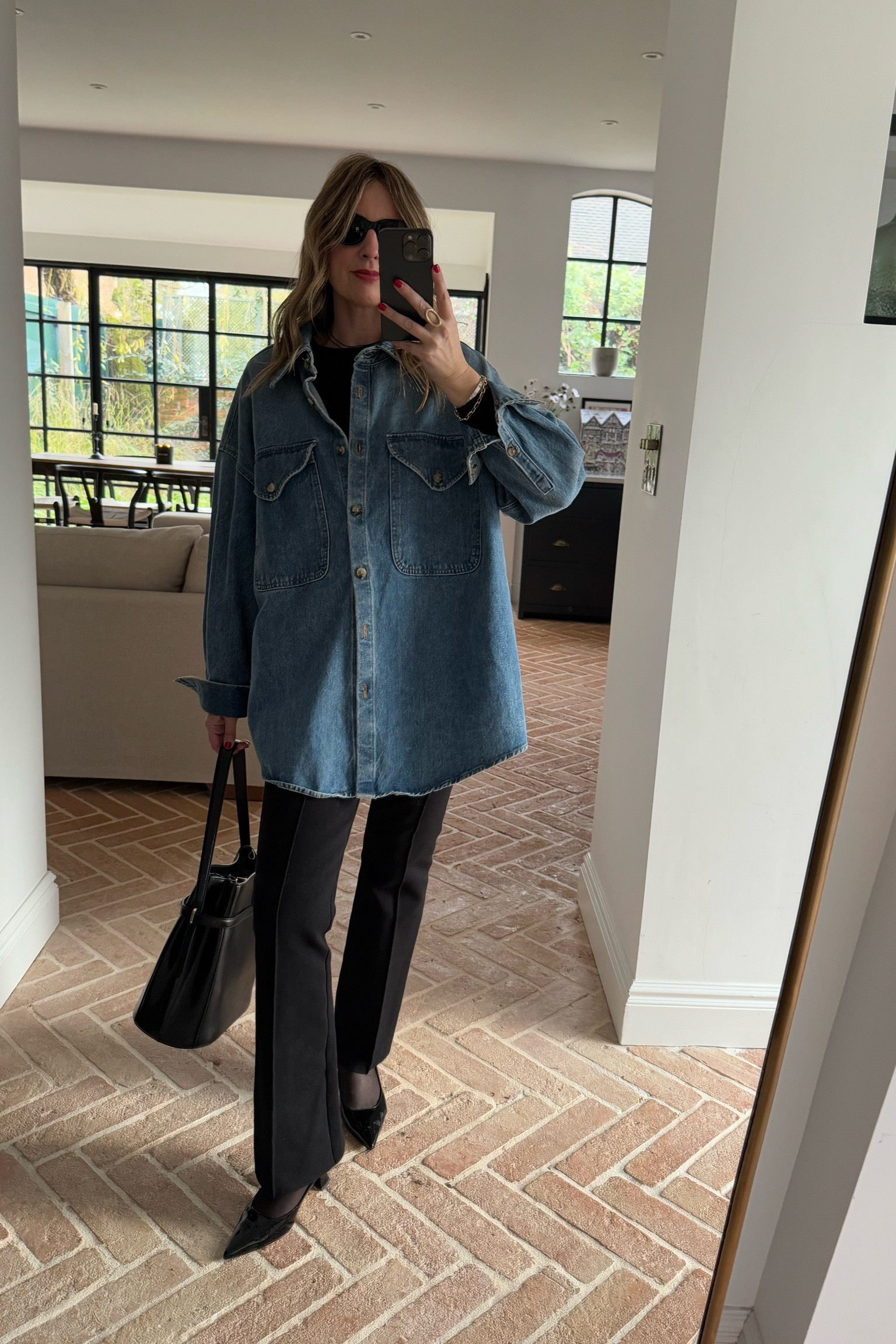 Oversized Denim Shirt + High Sport Pants + Sling Back Heels | Lunch Outfit | Christmas Lunch Outfit 

#LTKgrwm #LTKwinter #LTKstyletip